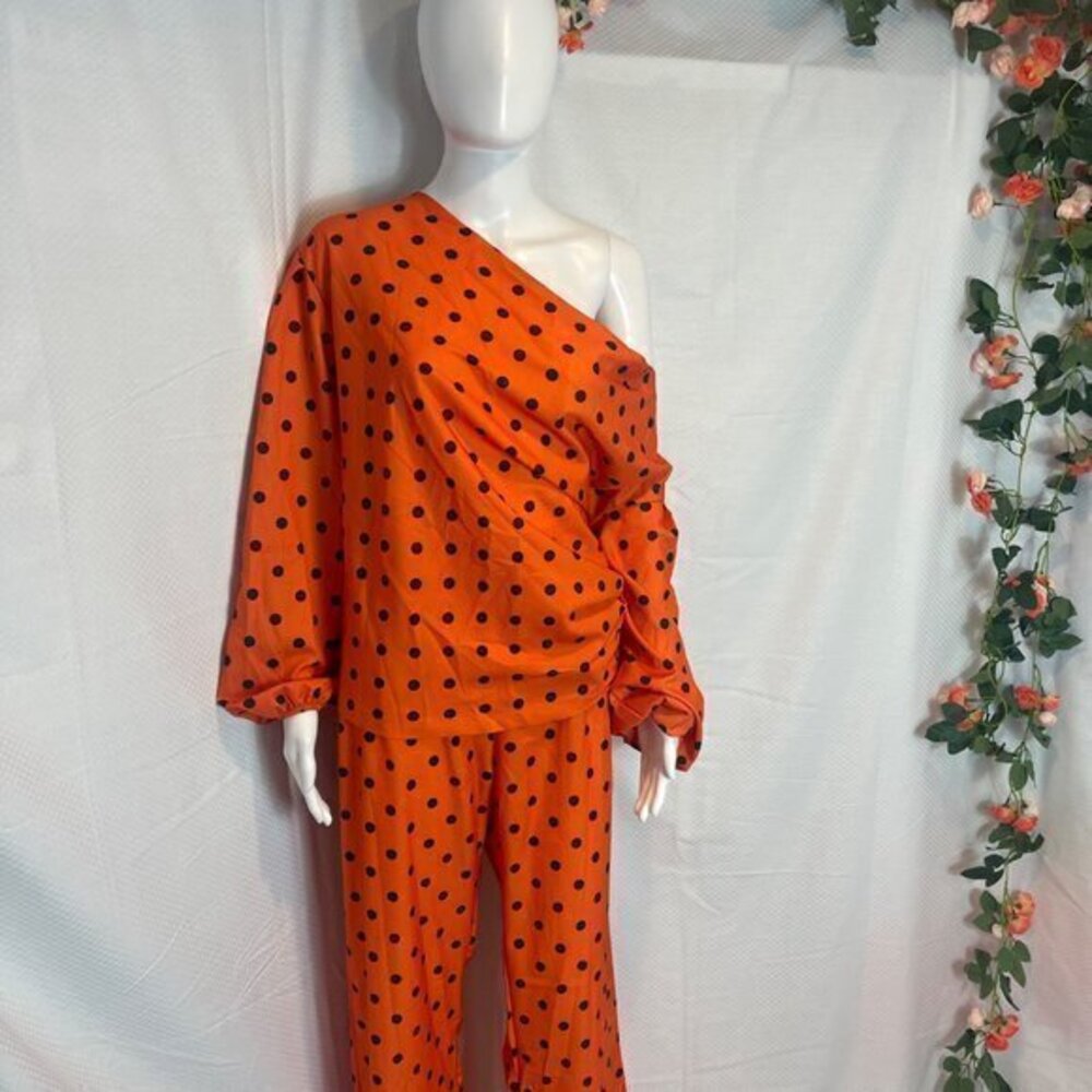 Two Piece Set Polka Dot Print Lantern Sleeve Top & Wide leg Pants Size M‎ - Picture 5 of 16